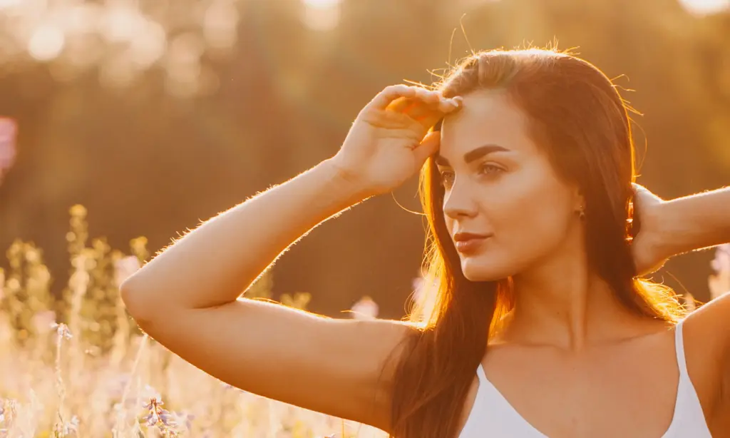 Sanfte Sonnenstrahlen auf einem schönen Gesicht - richtig die Haut schützen mit Rosel Heim Produkten bei Claresco Cosmetic
