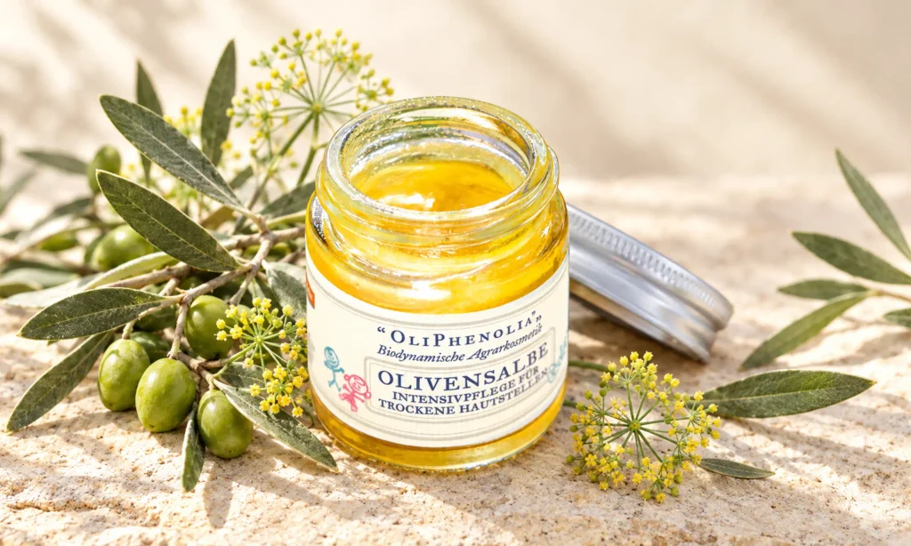 OliPhenolia® Olivensalbe im Glastiegel neben Olivenzweit und Fenchelblüten