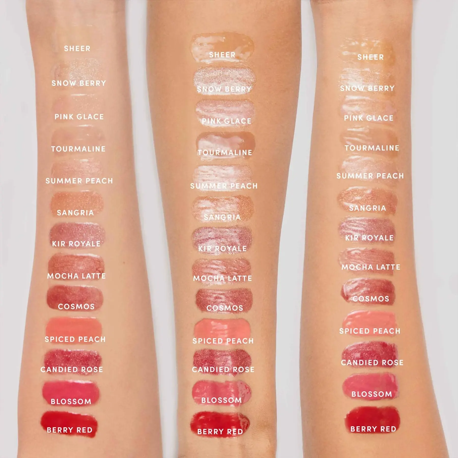 Die Farben von HydroPure Lipgloss von Jane Iredale auf natürlicher Haut