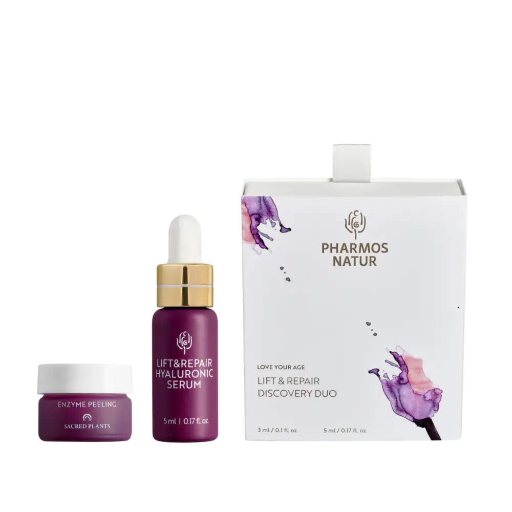 Ein Lift & Repair Discovery Duo von Pharmos Natur – Enzyme Peeling & Hyaluronic Serum - bei Claresco Cosmetic kaufen!