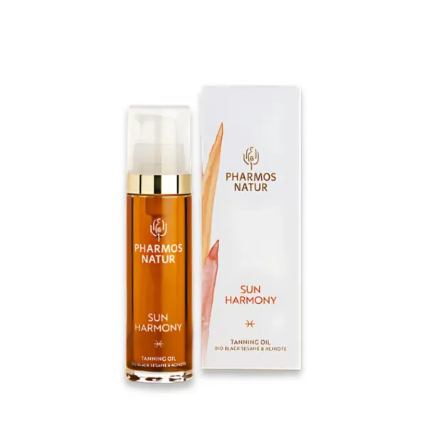 Sun Harmony Tanning Oil Flasche und Umverpackung von Pharmos Natur - bei Claresco Cosmetic kaufen