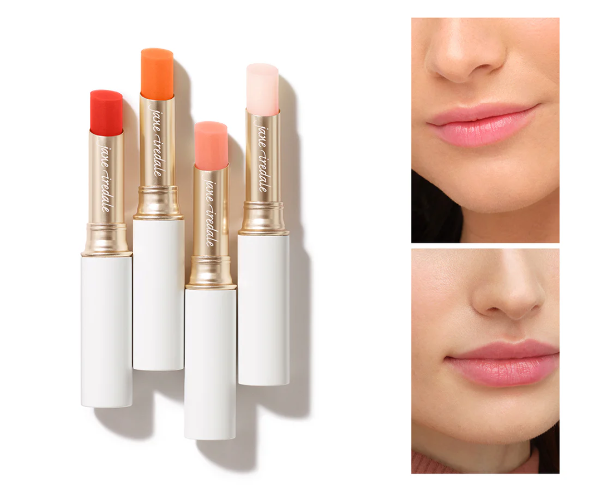 jane iredale 4 pflegende Lippenstifte und Auschnitt von Lippen mit den Farben - Claresco Cosmetic