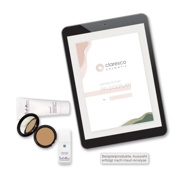 Haut-Pflegeplan auf Tablet mit offenem Make-up-Döschen und zwei Beispiel Pflegeprodukten - Claresco Cosmetic